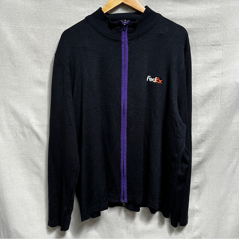 FedEx Full Zip Knit Sweater Black Purple Embroidered Logo Size 2XL